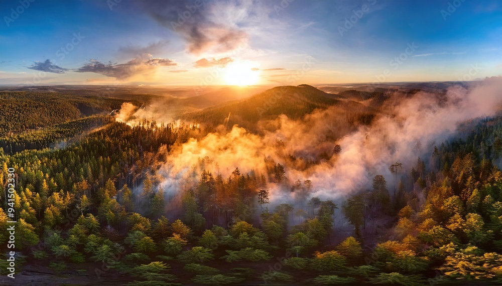 Sunrise Over Misty Forest Landscape Scene Sunrise Over Misty Forest Landscape Scene