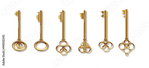 Key 3d realistic golden old vintage. Old luxury escape room keys. Vector