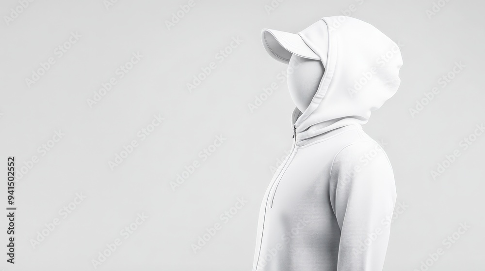 A person wearing a white hoodie and a cap, standing in profile against a white background. A person wearing a white hoodie and a cap, standing in profile against a white background.