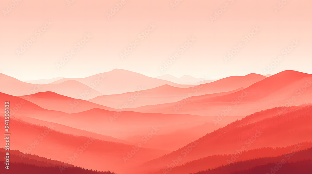 Obraz premium Soft Coral Background with Smooth Gradient and Faint White Outline of Mountain Range, Creating a Serene, Nature-Inspired Backdrop. 