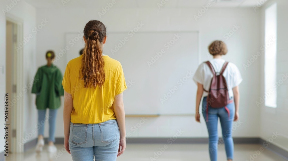 Fototapeta premium Parents and student working together to install a whiteboard on the wall of a dorm room creating a space for notes reminders and academic on move in day with a deep depth of field effect
