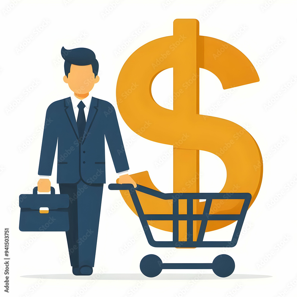 Flat Dollar Sign with Shopping Cart Vector concept as Vector of a dollar sign with a small shopping cart attached to it isolated on a white background symbolizing financial transactions during Black F Flat Dollar Sign with Shopping Cart Vector concept as Vector of a dollar sign with a small shopping cart attached to it isolated on a white background symbolizing financial transactions during Black F