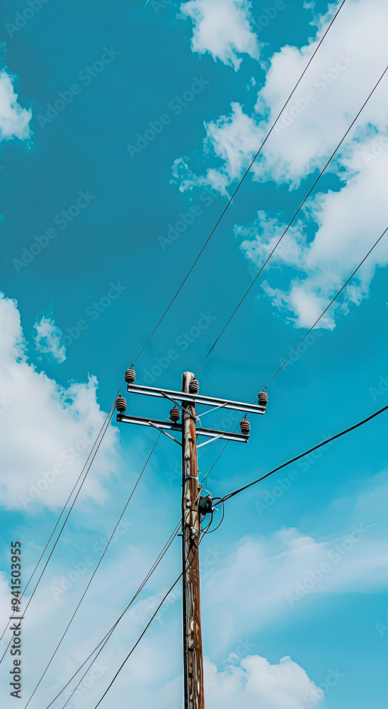 Fototapeta premium A high-voltage electric pole in the blue sky with a replica of space. The concept of energy supply.