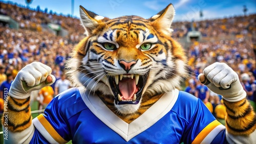 A fierce and agile feline mascot, with vibrant eyes and sharp claws, proudly displays school spirit, embodying strength, agility, and fierce competitiveness. photo