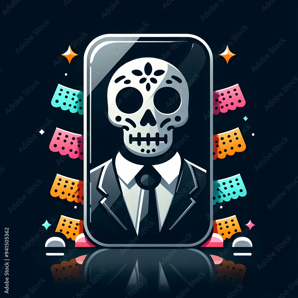 Flat Glossy Sugar Skull with Reflective Papel Picado concept as A mid shot of a glossy sugar skull with reflective papel picado banners in the background set against a dark glossy surface representing Flat Glossy Sugar Skull with Reflective Papel Picado concept as A mid shot of a glossy sugar skull with reflective papel picado banners in the background set against a dark glossy surface representing