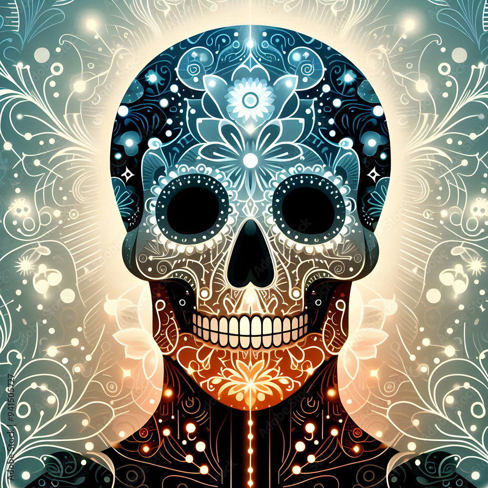 Flat Glowing Sugar Skull with Digital Floral Patterns concept as A digital composition featuring a glowing sugar skull surrounded by intricate floral patterns in an abstract style representing the bea Flat Glowing Sugar Skull with Digital Floral Patterns concept as A digital composition featuring a glowing sugar skull surrounded by intricate floral patterns in an abstract style representing the bea