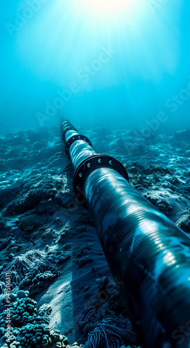 An underwater internet communication cable on the seabed under ocean water. The concept of fast internet.