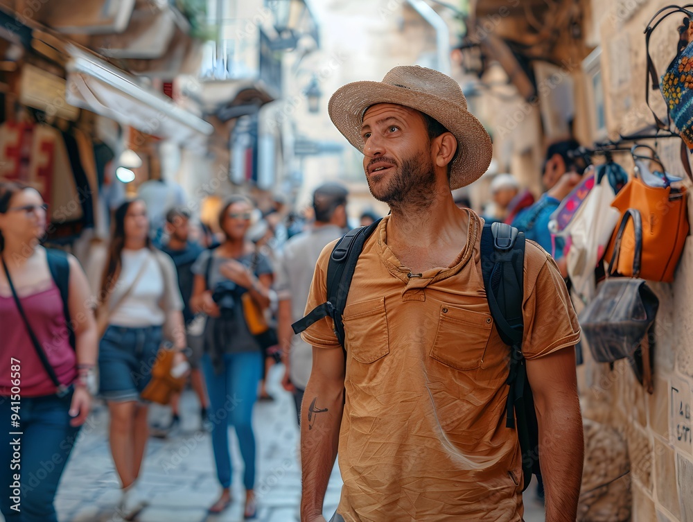 A traveler explores a bustling market street in a historic town, surrounded by colorful shops and curious passersby on a sunny day A traveler explores a bustling market street in a historic town, surrounded by colorful shops and curious passersby on a sunny day