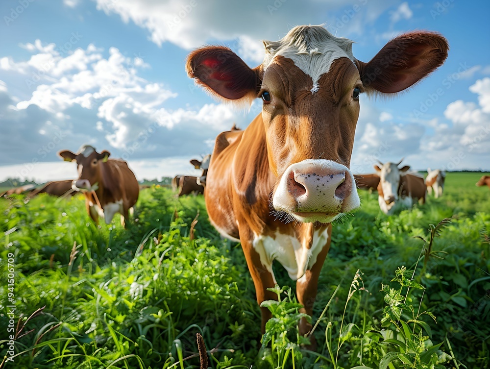 Brown cows grazing in a lush green field under a bright blue sky during the day on a sunny afternoon Brown cows grazing in a lush green field under a bright blue sky during the day on a sunny afternoon