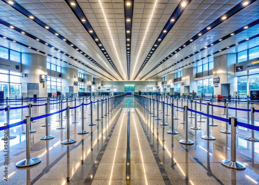 Naklejka premium Airport Queue Symmetry: Perfectly symmetrical airport queue with parallel lines and mirrored elements, creating a sense of order and balance.
