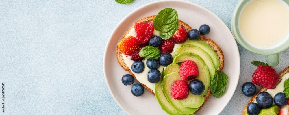 A flat lay of a vegan breakfast with avocado toast, fruit, and a cup of plant-based milk, captured in natural light