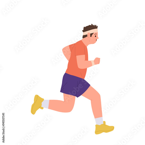 Fat overweight man cartoon character running doing cardio exercise to lose weight isolated on white