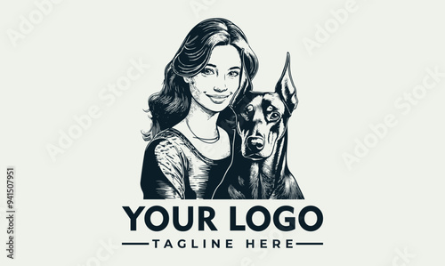 girl and doberman vintage logo vector A heartwarming vintage-inspired logo featuring a young girl and her loyal Doberman companion. The intricate line art and engraved style evoke a sense of nostalgia