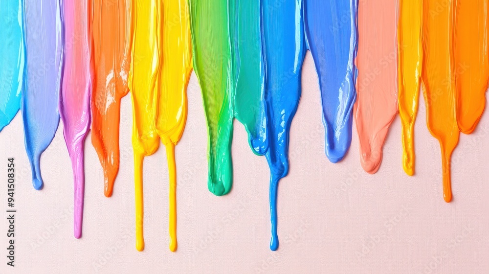 Vibrant rainbow paint streaks dripping down a light pink background. Vibrant rainbow paint streaks dripping down a light pink background.