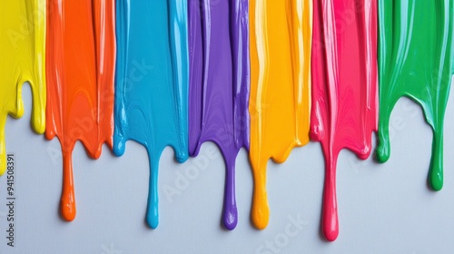 Vibrant streaks of dripping paint in various colors against a light gray background.