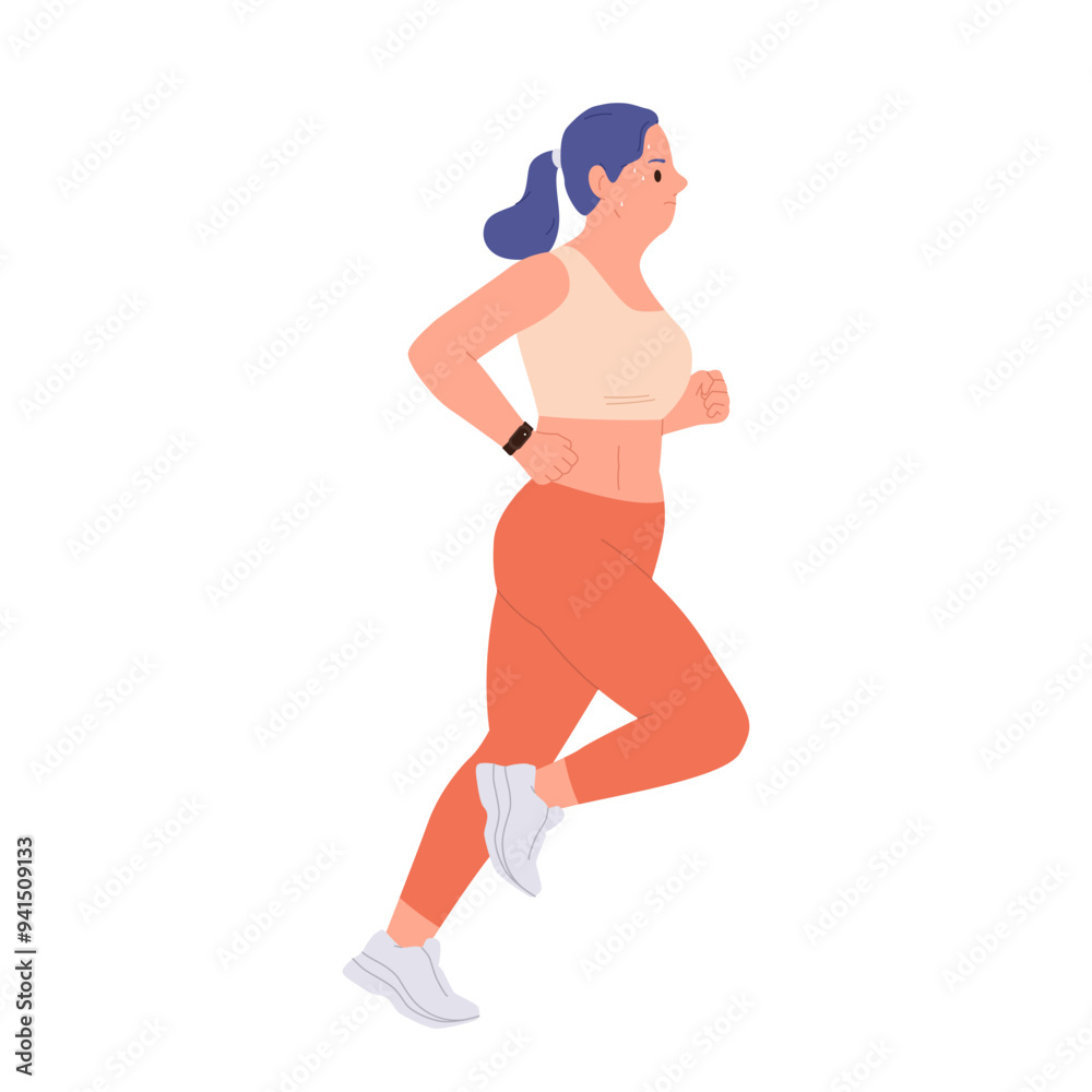 Young woman cartoon character running struggling with weight and health problem isolated on white
