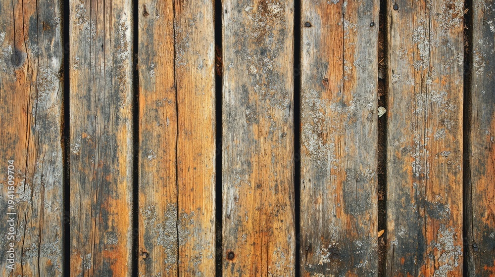 Top view of a weathered wooden deck with natural wear and tear, showcasing the beauty of aged wood
