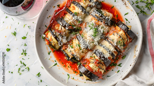 Wallpaper Mural eggplant rollatini, stuffed with ricotta, spinach, and herbs, topped with marinara sauce and Parmesan cheese, served on a white ceramic plate with a glass of red wine Torontodigital.ca