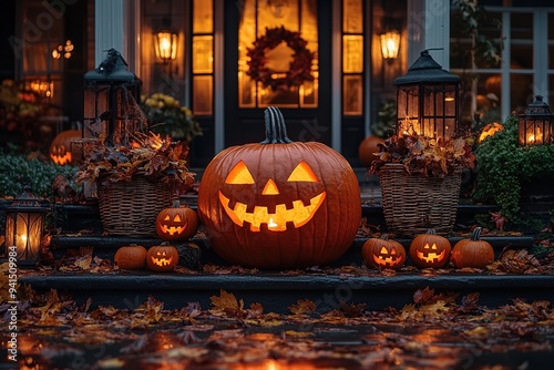 Halloween pumpkin decorations. Pumpkin for decorated house. Halloween Decorated at front yard of a American home. Halloween decorated front door with pumpkins.