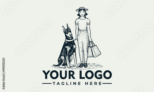 girl and doberman vintage logo vector A heartwarming vintage-inspired logo featuring a young girl and her loyal Doberman companion. The intricate line art and engraved style evoke a sense of nostalgia