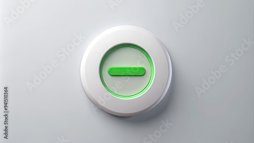 A minimalist white button with a green minus sign icon on it, isolated on a light gray background, symbolizing reduction or subtraction. photo