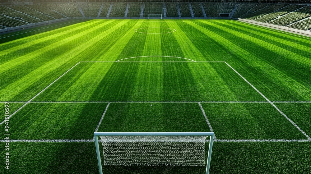 Obraz premium Top view of an empty football stadium, with clean white goalposts and perfectly mowed green grass