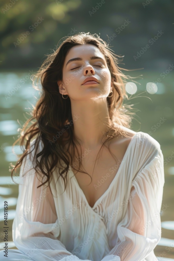 A woman sits on a boat wearing a white dress, with calm waters and blue sky A woman sits on a boat wearing a white dress, with calm waters and blue sky
