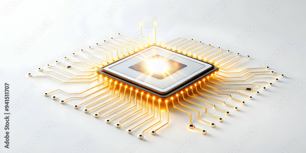 Flat Floating AI chip with glowing circuits on an isolated white background concept as A futuristic AI chip hovering mid air with glowing circuits extending outward creating a sense of weightlessness. Flat Floating AI chip with glowing circuits on an isolated white background concept as A futuristic AI chip hovering mid air with glowing circuits extending outward creating a sense of weightlessness.