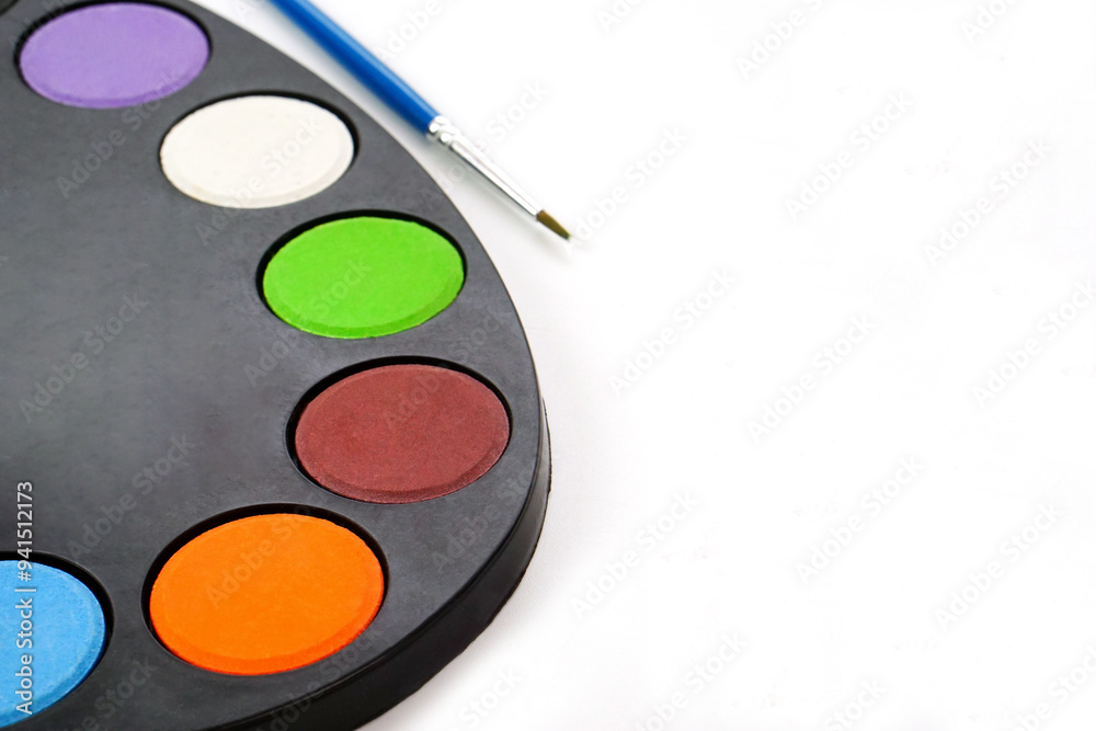 Art palette with paint and blur brush on white background. Learning and paintings art concept. Art palette with paint and blur brush on white background. Learning and paintings art concept.