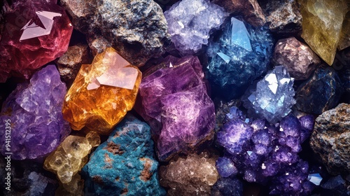 Colorful collection of gemstones and crystals found in a rocky terrain