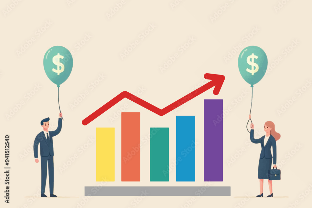 illustration of a male and female entrepreneur standing next to a sales ...