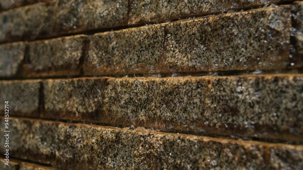 A brick wall along which water flows. Artificial decorative waterfall. Close-up A brick wall along which water flows. Artificial decorative waterfall. Close-up