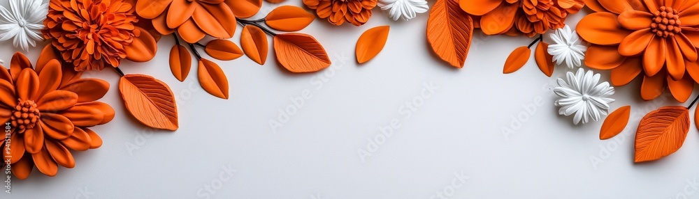 Tiny terracotta and mint green autumn leaves with mini marigolds on a white backdrop. Minimalistic, high resolution, clear sharp focus, hyper-detailed. Tiny terracotta and mint green autumn leaves with mini marigolds on a white backdrop. Minimalistic, high resolution, clear sharp focus, hyper-detailed.