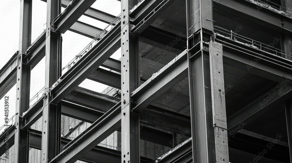 View of a steel structure under construction, with beams and girders forming the skeleton of a building View of a steel structure under construction, with beams and girders forming the skeleton of a building