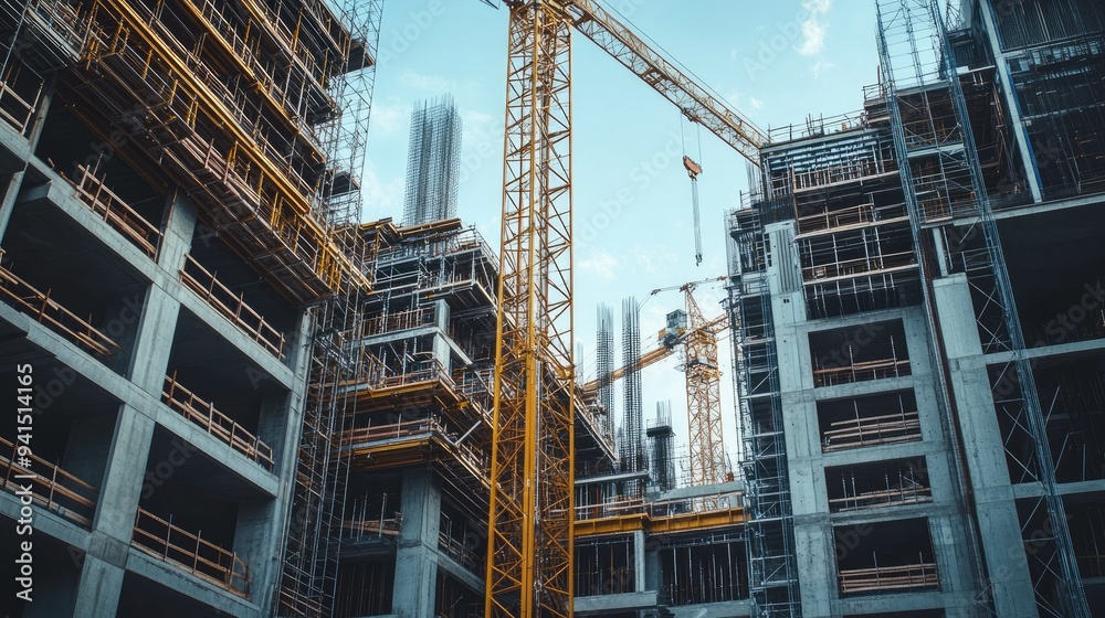 View of an industrial construction site with cranes, steel frameworks, and heavy machinery, showing the scale of the project View of an industrial construction site with cranes, steel frameworks, and heavy machinery, showing the scale of the project