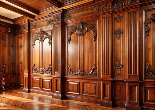 Antique Wood Paneling  Intricate moldings  elegant curves  rich mahogany tones  timeless sophistication.