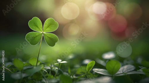 Clover plant with four leaves, natural background bokeh effect. Seamless 4K looping timelapse video animation background