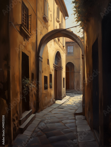 The image depicts a narrow street in an old town  lined with quaint buildings on either side  creating a cozy and historic atmosphere