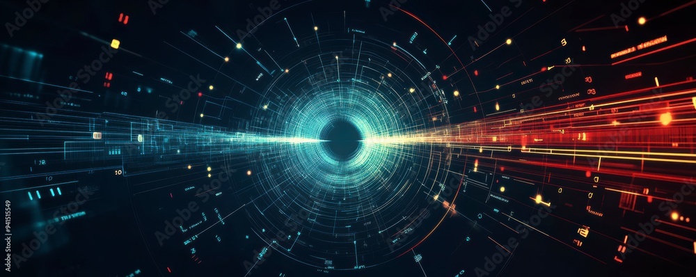 Obraz premium Futuristic digital tunnel with vibrant lines and binary code, leading into a deep, dark cyber abyss.