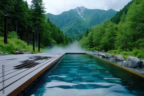 A hot spring surrounded by pine forests, with the scent of pine mixing with the steam from the water photo