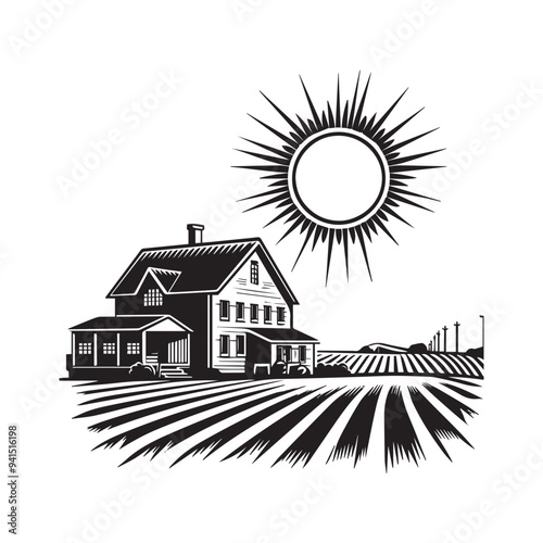 Homestead Silhouette, Farming Scene clipart - Farmhouse Sunrise illustration in black and white 