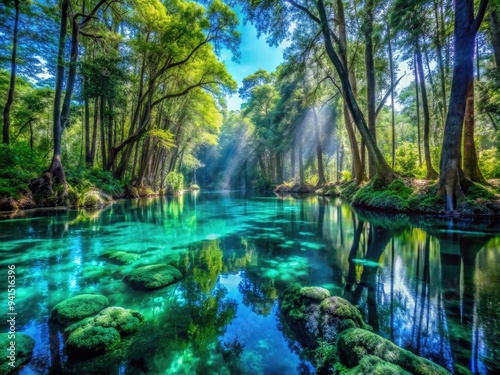 Aquatic Forest Canopy: Towering trees, crystal-clear pools, otherworldly atmosphere, deep greens, iridescent shimmers