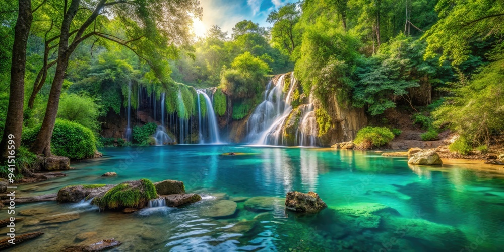 Naklejka premium Aquatic Paradise in Forest's Heart: Hidden waterfalls, secret coves, secluded atmosphere, turquoise blues, lush greens
