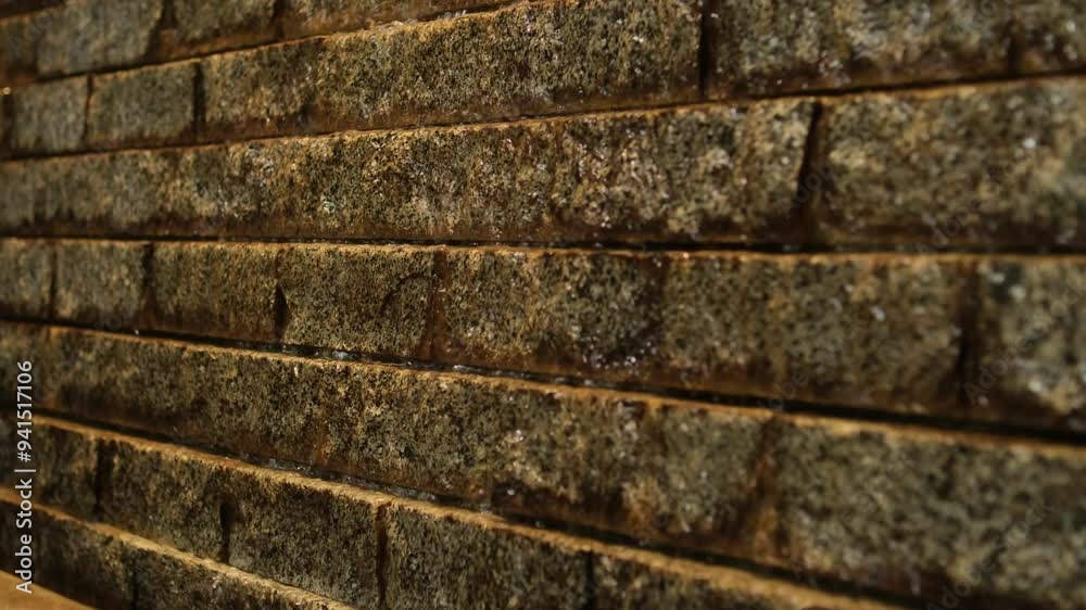 A brick wall along which water flows. Artificial decorative waterfall. Slow motion A brick wall along which water flows. Artificial decorative waterfall. Slow motion