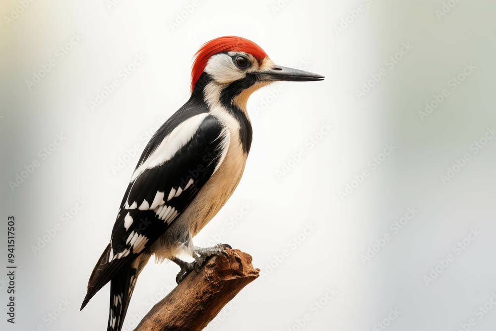 Obraz premium Red-Crested Woodpecker on Branch: A vibrant red-crested woodpecker perched on a branch, showcasing its striking black and white plumage against a soft, blurred background. A captivating image of nat