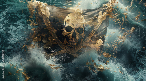 A pirate flag with a skull and two crossed swords is floating in the ocean. The flag is surrounded by water and has a sense of adventure and danger photo