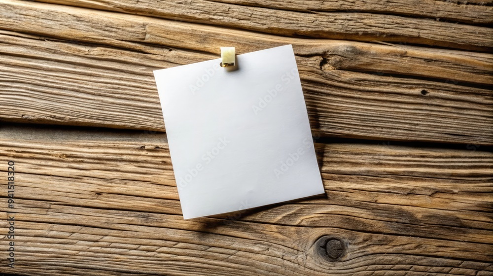 Versatile white sticky note affixed to wooden surface for notes and reminders Versatile white sticky note affixed to wooden surface for notes and reminders