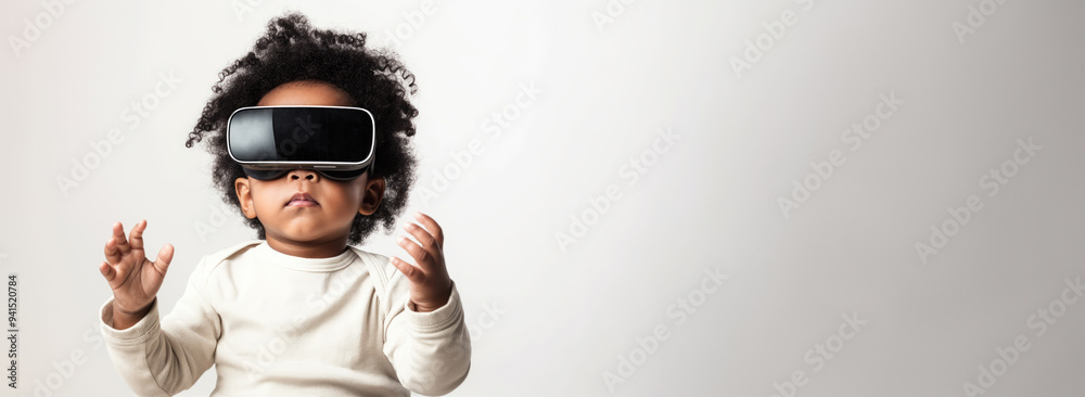 Baby in futuristic virtual reality headset exploring new worlds. Future of play, child in advanced virtual reality headset for immersive play Baby in futuristic virtual reality headset exploring new worlds. Future of play, child in advanced virtual reality headset for immersive play