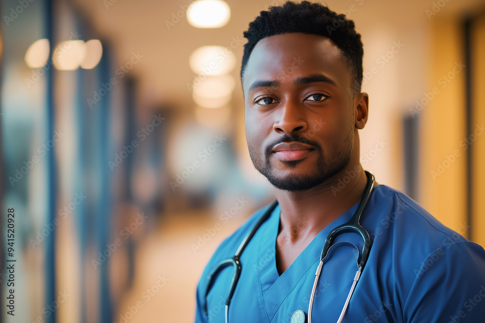Fototapeta premium Portrait, black male doctor in the hospital. An African medical professional, face and surgeon, a person or a confident employee of African countries with a career in the healthcare sector.