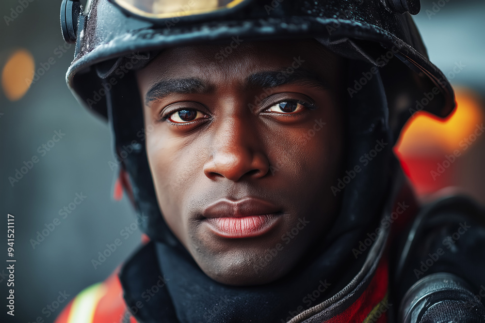 Portrait of a black male firefighter at a fire station. A confident emergency services employee from African countries.